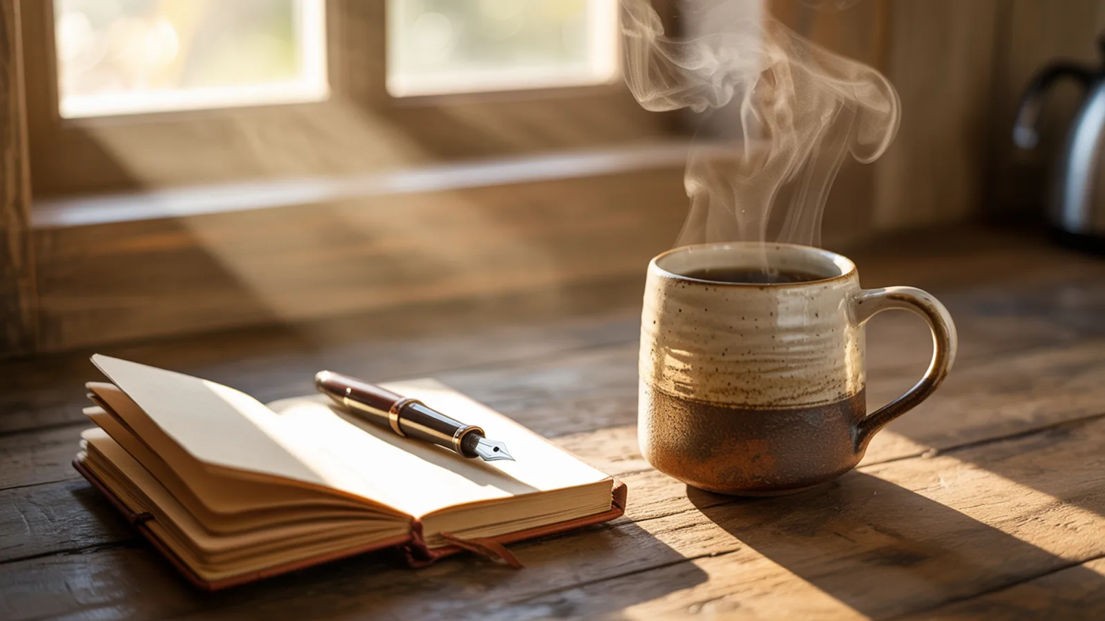 A steaming ceramic coffee mug beside an open journal and pen on a wooden table in soft morning sunlight, evoking the quiet intentional start to a recovery-focused daily routine.