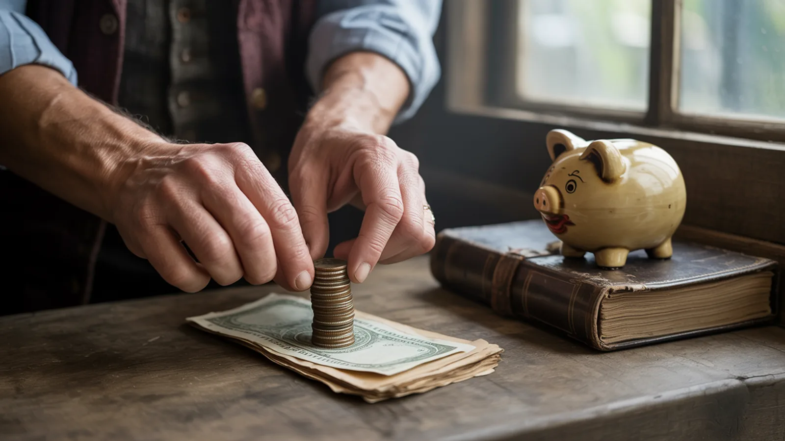 Hands arranging coins and folded bills on a wooden surface beside a piggy bank, evoking the patient daily work of saving and rebuilding financial stability in early recovery.