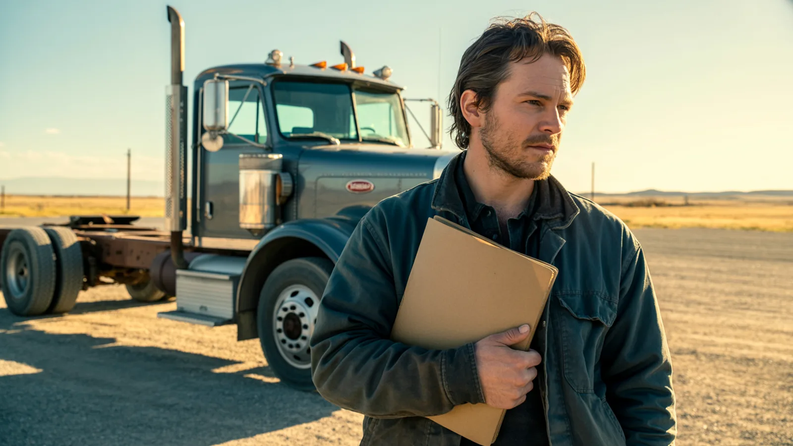 A man in a work jacket standing beside a parked day-cab semi truck in a southern Idaho lot at golden hour, holding a folder of paperwork and looking out at the road, standing in for a commercial driving career put on hold by a federal record check.
