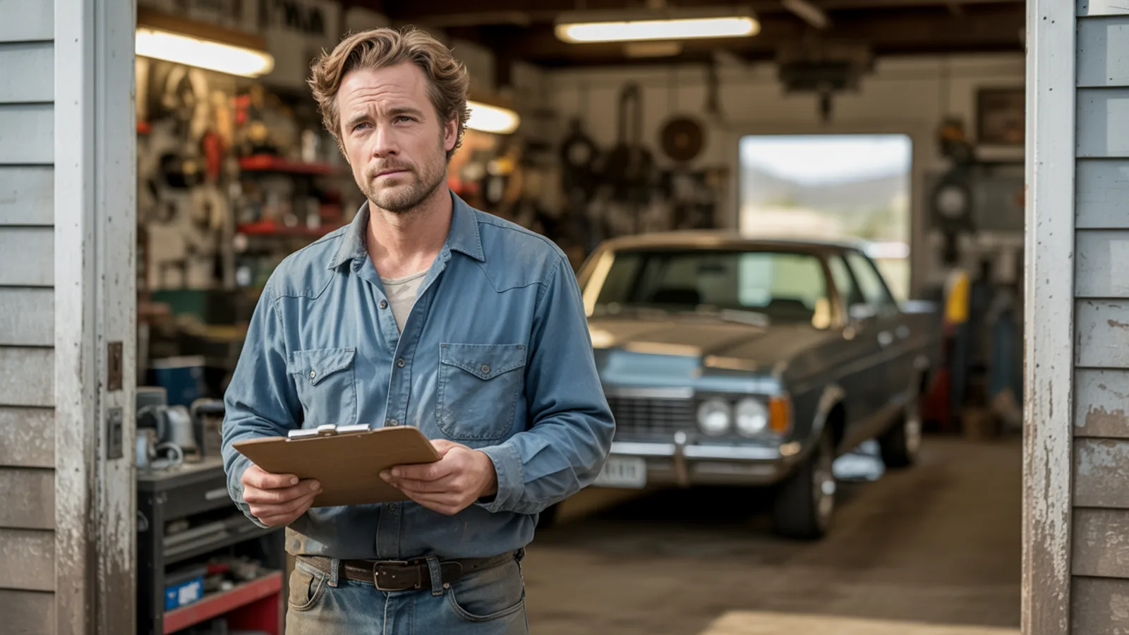 A man in a denim work shirt standing in the doorway of a small auto repair shop holding a clipboard, evoking determination and a fresh start to working life after recovery treatment.