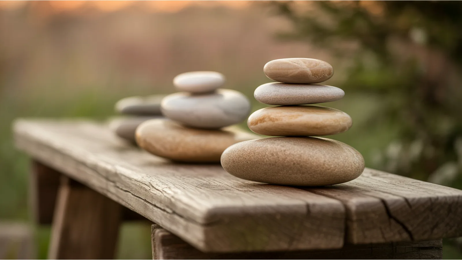 Four small smooth river stones balanced in a stack on a weathered wooden bench, each catching a different angle of warm afternoon light, evoking quiet self-awareness and balance.