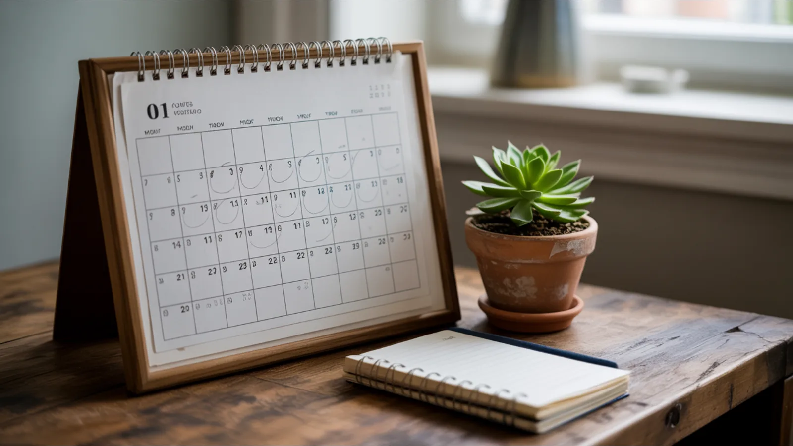 A framed wall calendar with several dates circled in pencil resting on a desk next to a small terracotta potted plant, soft daylight from a window, evoking thoughtful planning of a personal timeline.