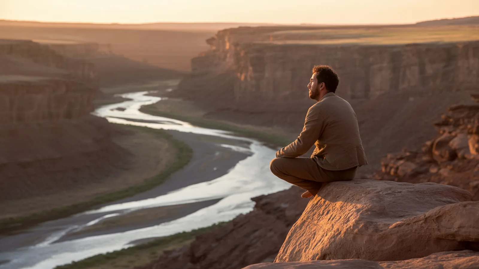 A man sitting alone on a basalt rock above a river canyon at golden hour, evoking grounded stillness and natural stress relief without substances.