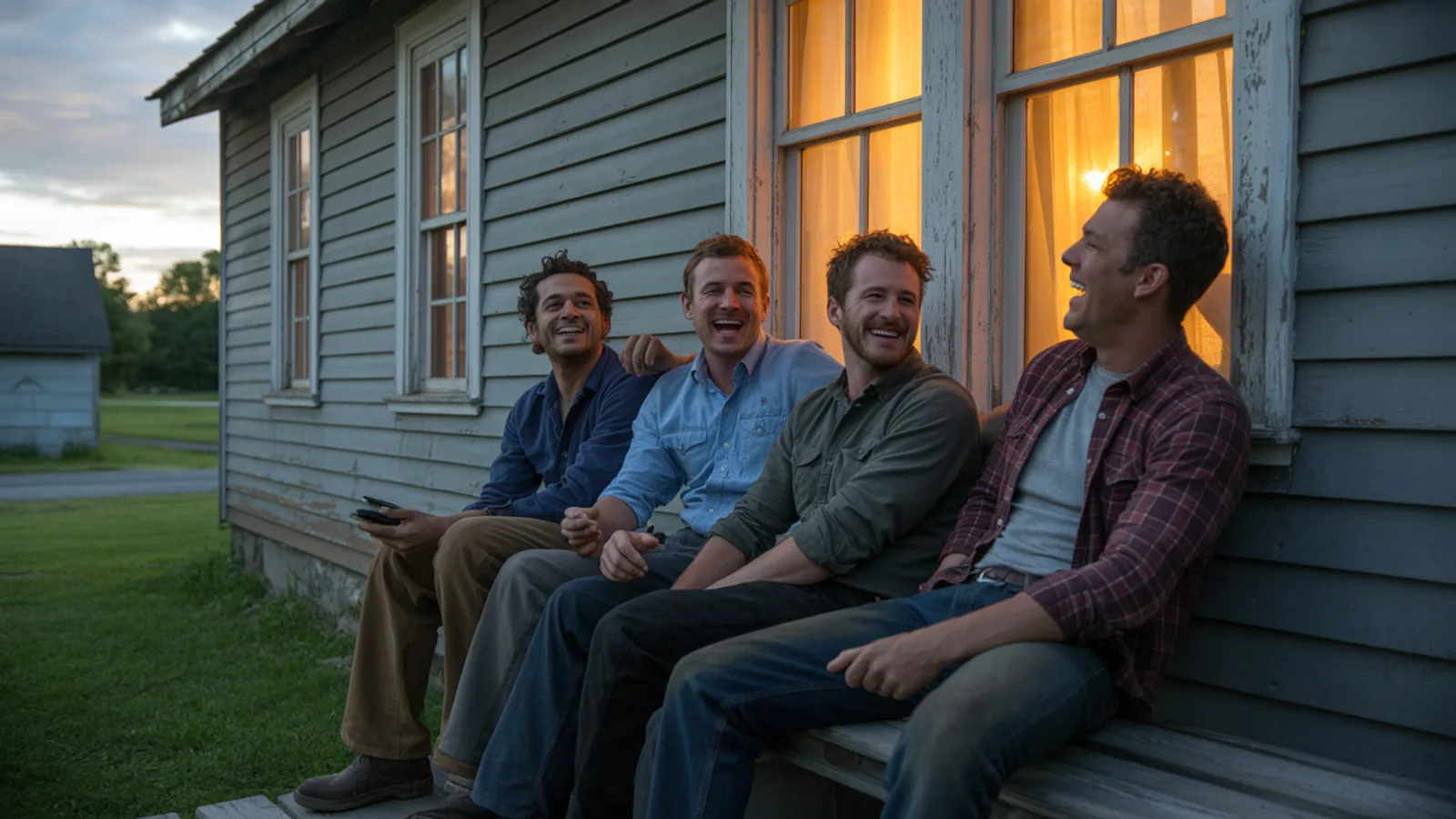 Four men sitting together on a residential porch at dusk laughing and talking with warm window light behind them, evoking the camaraderie and trust of brotherhood in sober living.