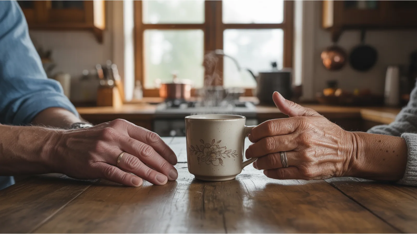 Two adult hands resting on a wooden kitchen table reaching tentatively toward each other but not yet touching, a coffee mug between them, warm late-afternoon light, evoking tentative reconnection between family members.