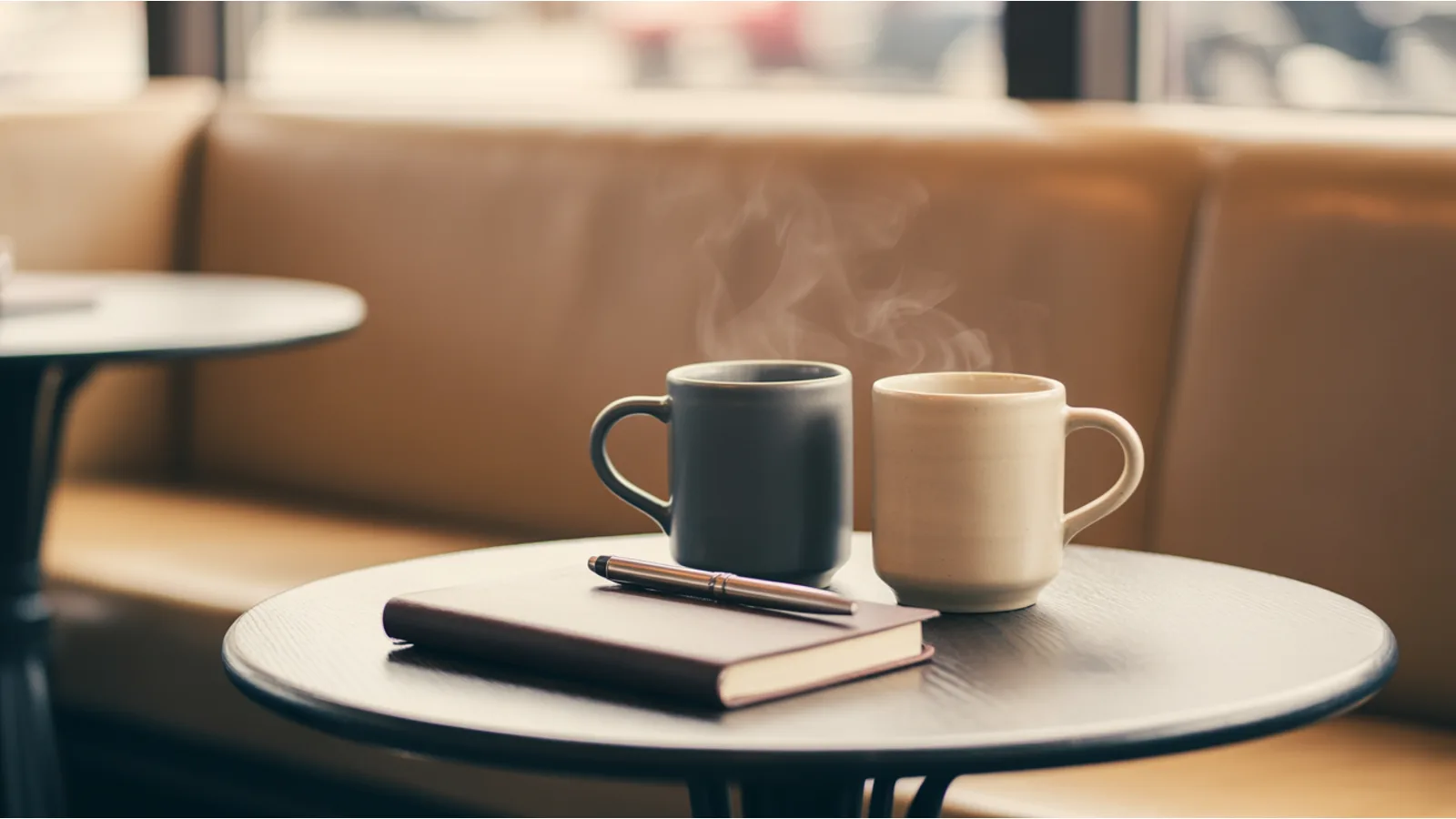 Two ceramic coffee mugs steaming gently on a small round wooden cafe table with a closed leather notebook and pen between them, soft warm window light, evoking a focused one-on-one conversation.