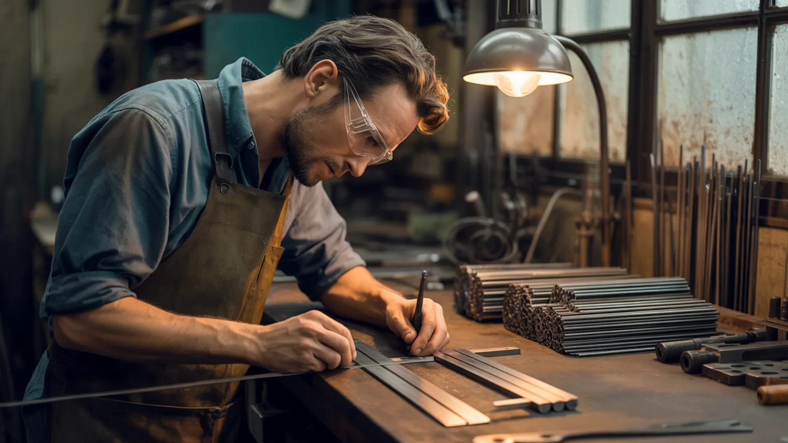 A tradesman in a canvas work apron and safety glasses leaning over a fabrication bench, measuring and marking a length of steel stock with a square under a warm task lamp, representing the skilled trade work that hires across Twin Falls and the Magic Valley.