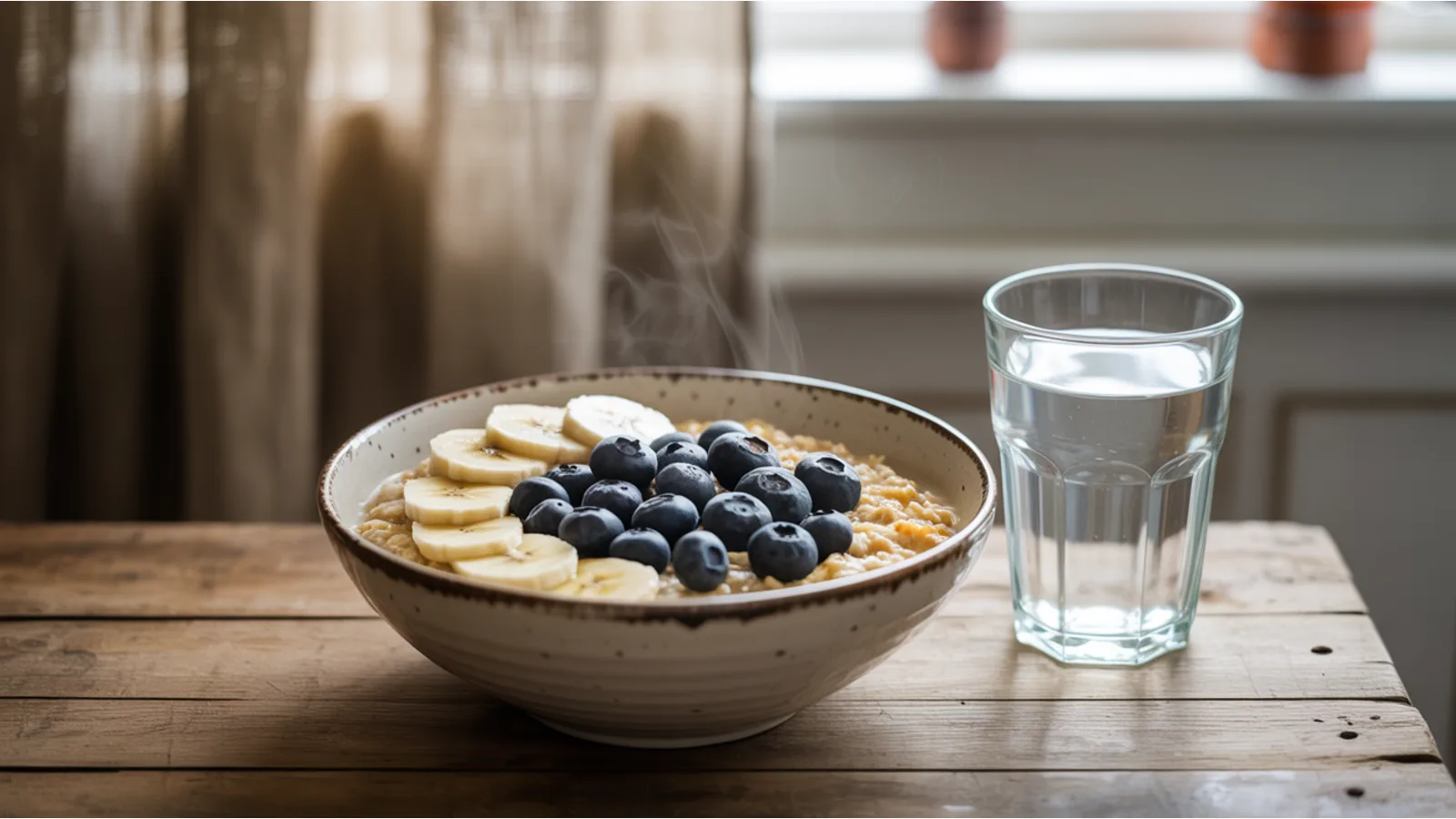 A simple breakfast of oatmeal with sliced fruit and a glass of water on a wooden kitchen table in soft morning window light, evoking the quiet rebuilding of physical health in early sobriety.