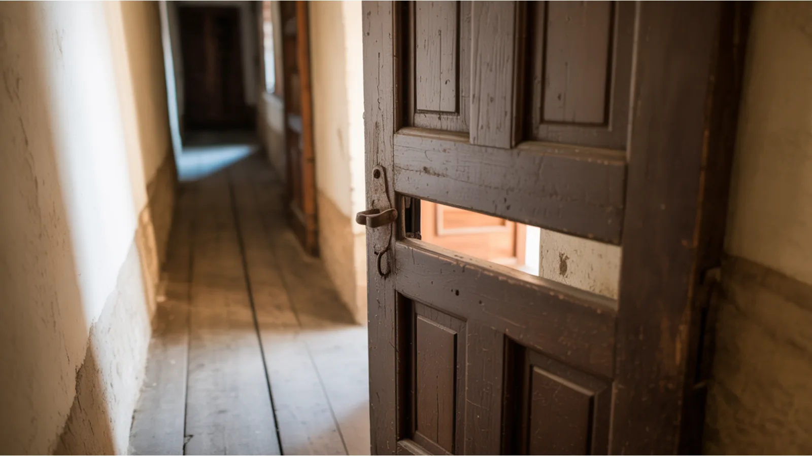 A weathered wooden door slightly ajar revealing a sliver of warm golden light from the room beyond, set in a dim hallway, evoking the moment of pause and choice before stepping through.