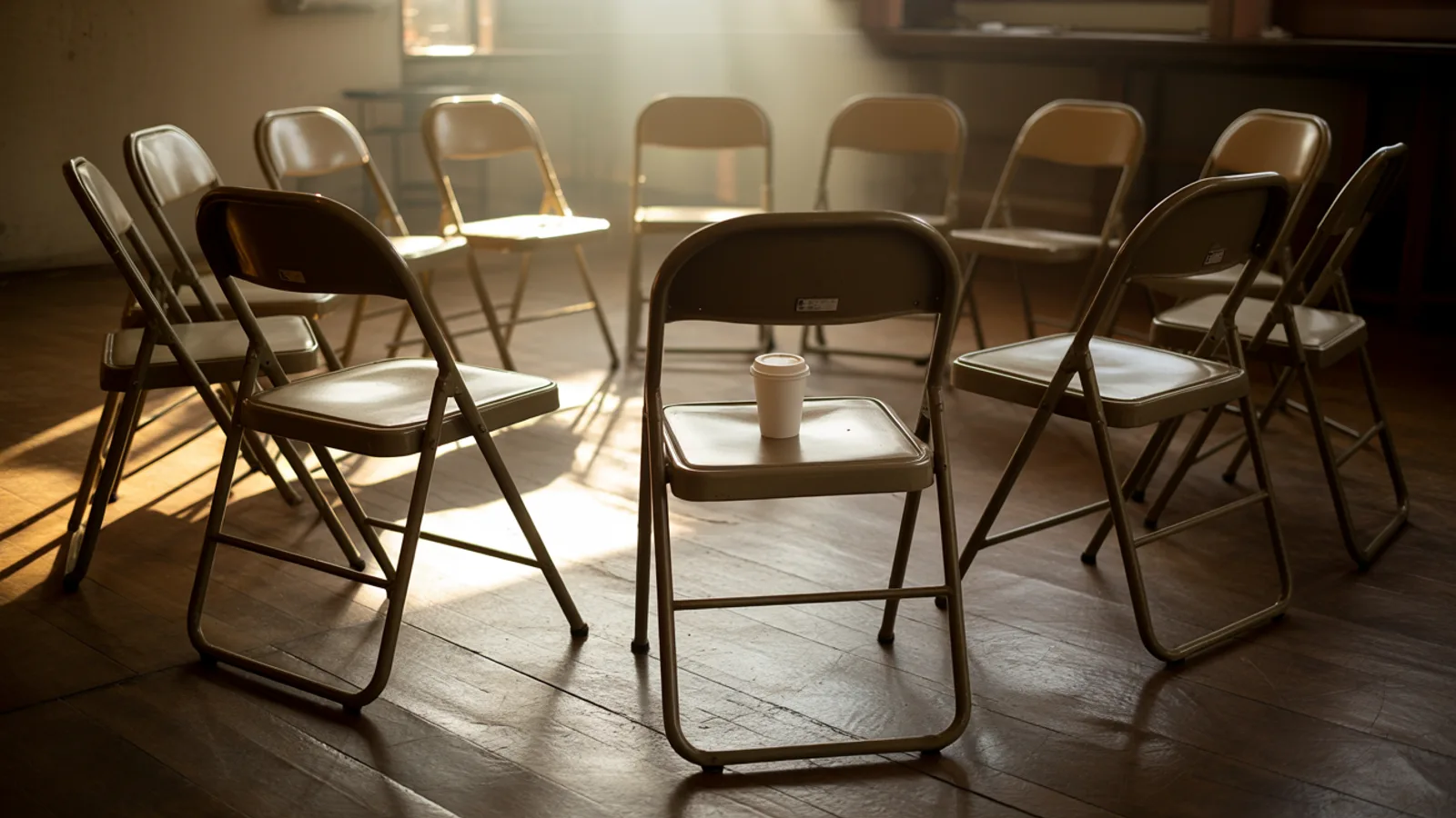 A quiet community meeting room with folding chairs arranged in a loose circle and a single coffee cup, evoking the reverent before-meeting stillness of a 12-step gathering.