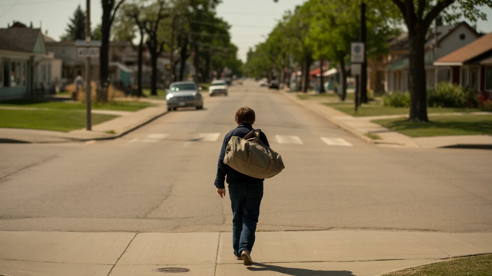 A person seen from behind walking away across a quiet intersection on a tree lined residential street in a small western town on a clear morning, a canvas duffel over one shoulder.