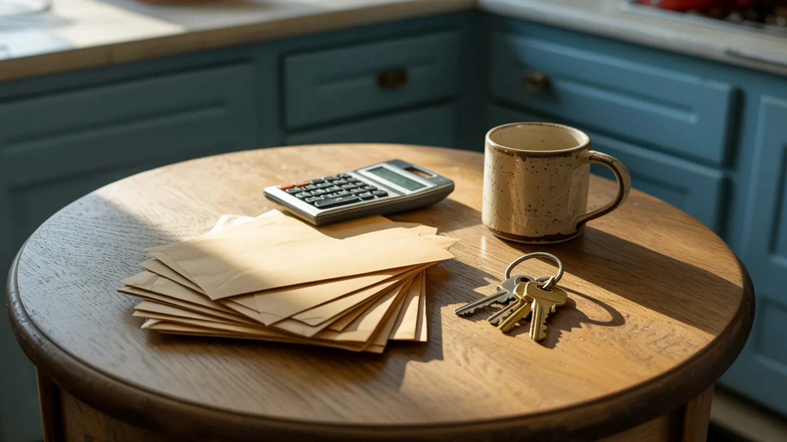 A kitchen table in a modest, well-kept home holding a small stack of plain envelopes, a calculator, a stoneware coffee mug and a set of house keys in warm window light, standing in for the plain arithmetic a family works through before paying for recovery housing.