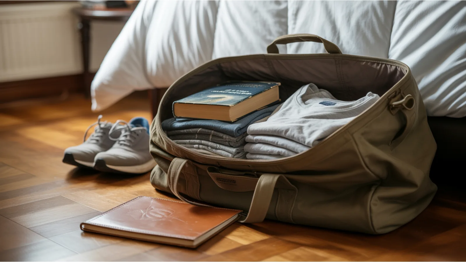 A sturdy canvas duffel bag open on a hardwood bedroom floor with neatly folded shirts, a paperback book, a leather notebook, and running shoes visible inside, evoking thoughtful preparation for a new beginning.