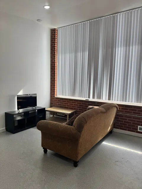 Sofa and TV in the common room at the 676 Shoup Ave W house